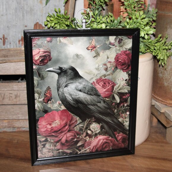 Dark Moody Gothic Farmhouse Black Raven Butterfly Pink Roses Wall Decor Picture - Picture 1 of 4